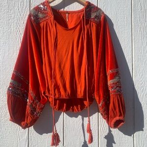 Free People Sequined Red Boho Top